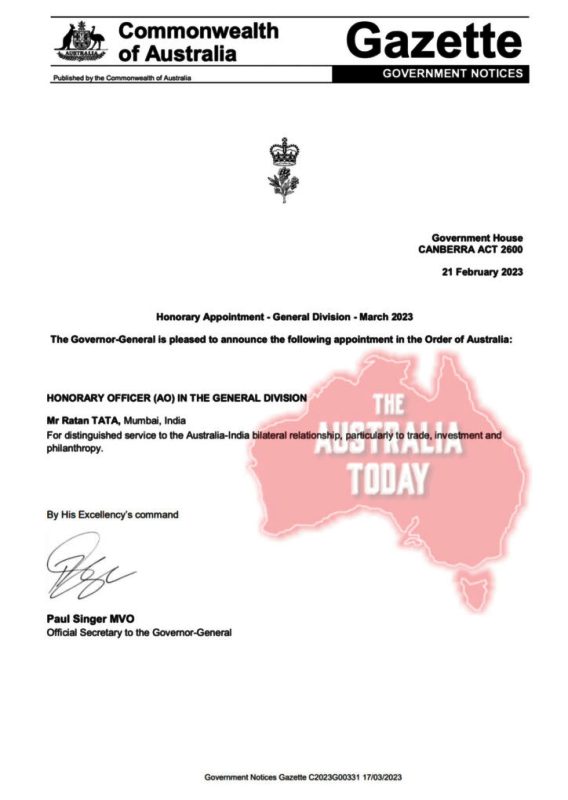 Australian gazette announcing the bestowing of Honorary Officer of the Order of Australia (AO) on Ratan Tata