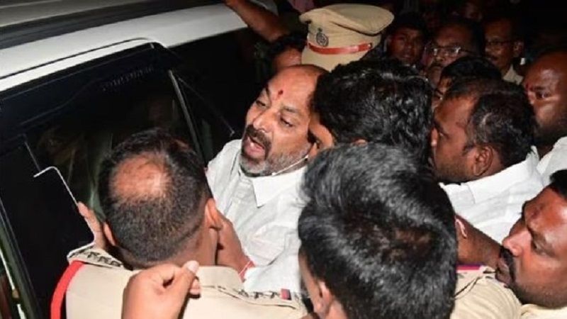 Bandi Sanjay Kumar being taken into custody by the police ahead of his Praja Sangrama Yatra