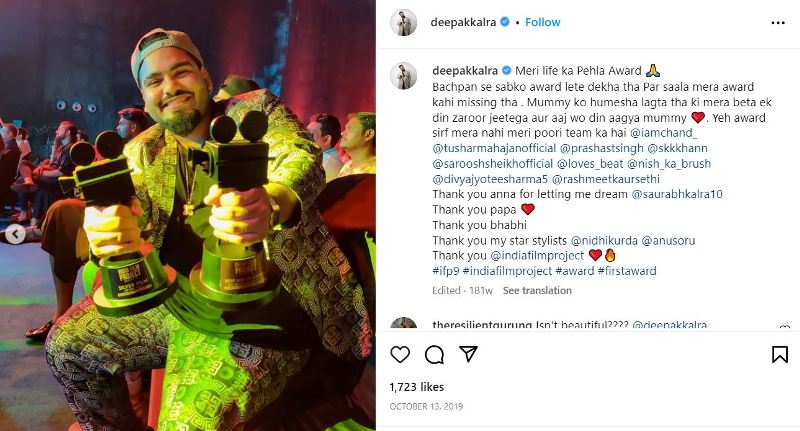 Deepak Kalra's Instagram post about winning the Indian Film Project award in 2019