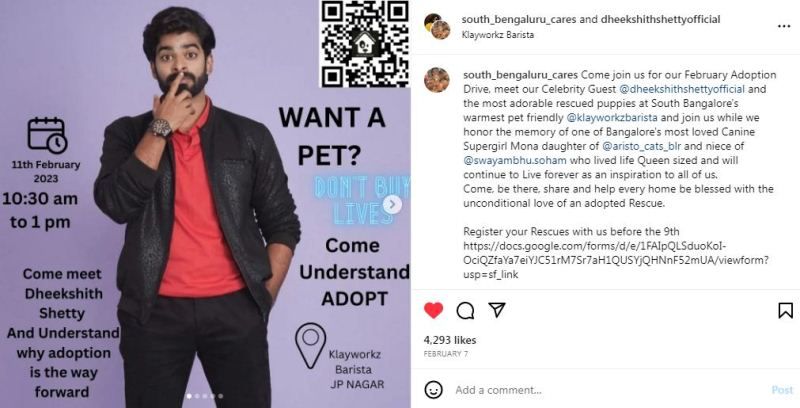 Dheekshith Shetty as a guest in a pet adoption drive organised by South Bengaluru Cares