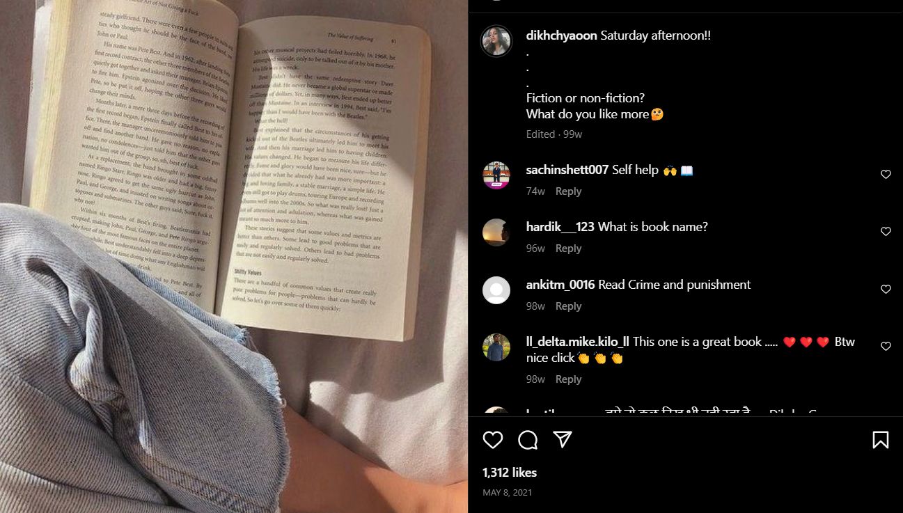 Diksha Juneja posting about her reading habits