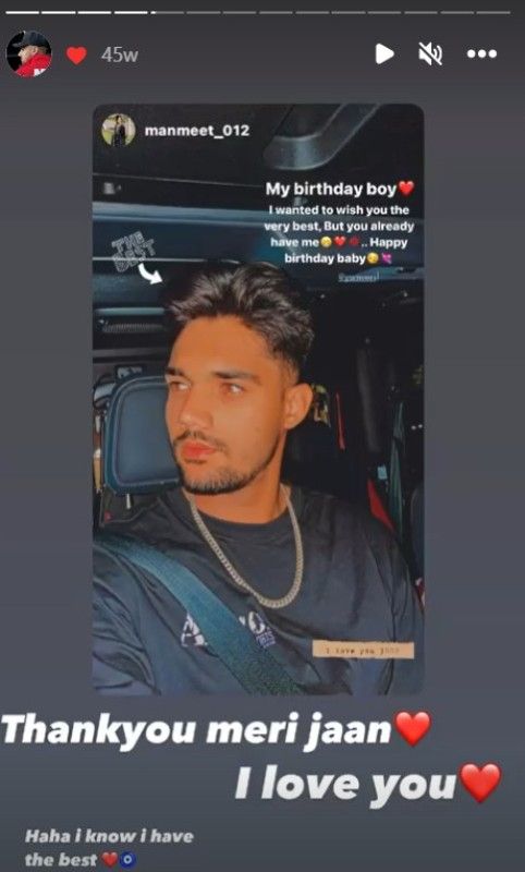 Gurnoor Brar's post on Instagram after his girlfriend, Manmeet Kaur wished her on his birthday