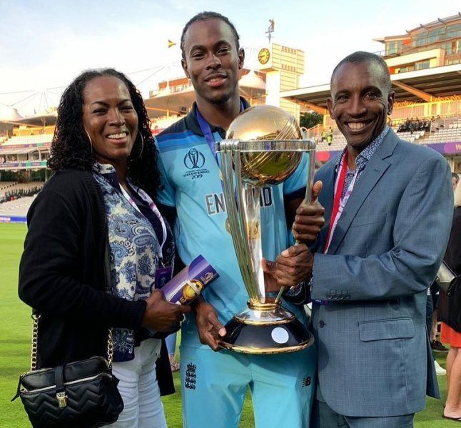 Jofra Archer (centre) with his mother, Joelle Waithe and step-father, Patrick after winning the 2019 ODI World Cup