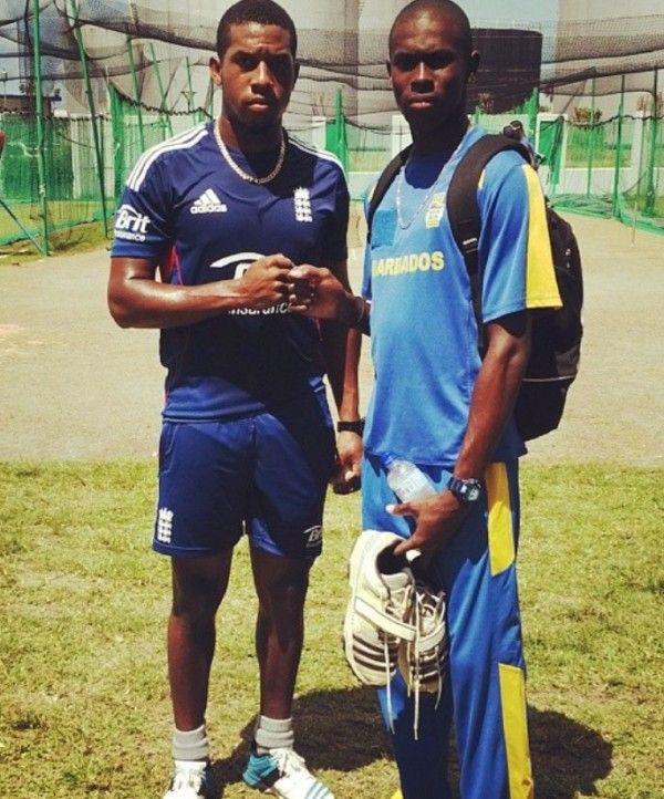 Jofra Archer (right) with Chris Jordan in 2014