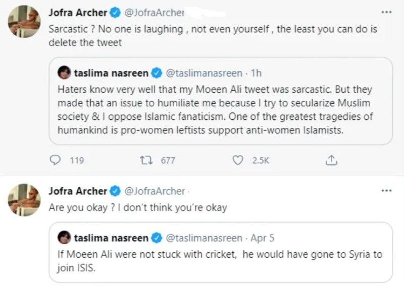 Jofra Archer tweet with Taslima Nasreen
