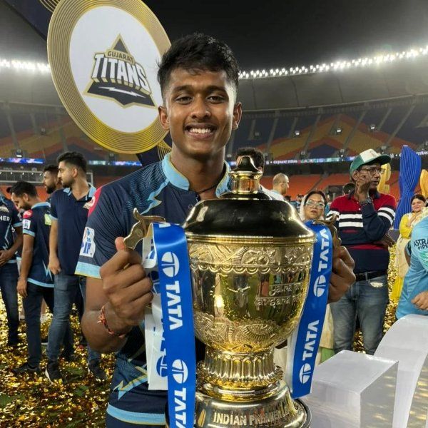 Sai Sudharsan with IPL 2022 Trophy after Gujarat Titans won it in 2022