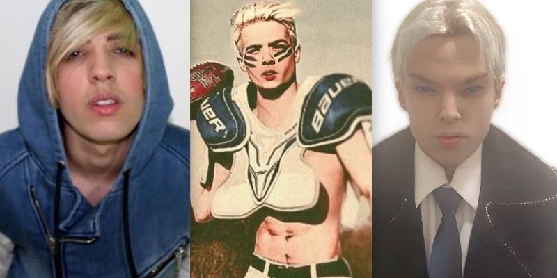 Three photos of Saint Von Colucci showing his tranformation to look like BTS singer Jimin