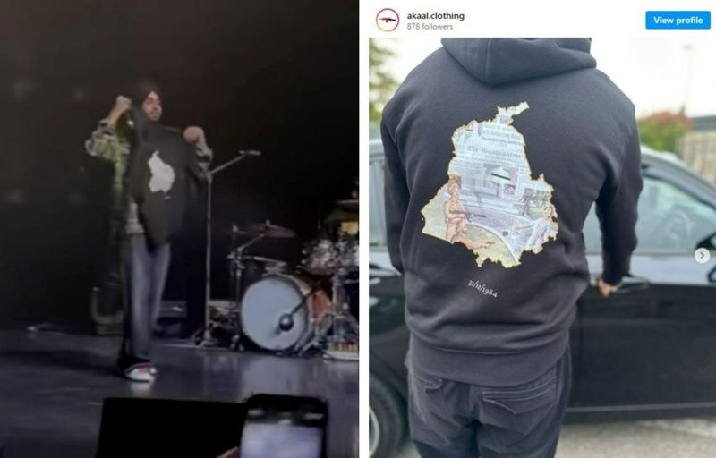 Shubh while flaunting his hoodie at the concert (left) An Instagram post about the controversial hoodie that Shubh allegedly wore at the concert (right)
