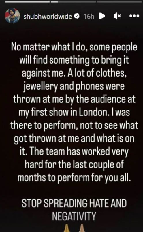 Shubh's Instagram story about the backlash he received at the concert in London in 2023