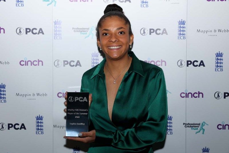 Sophia Dunkley posing with her PCA Vitality IT20 Women's Player of the Summer (2022)
