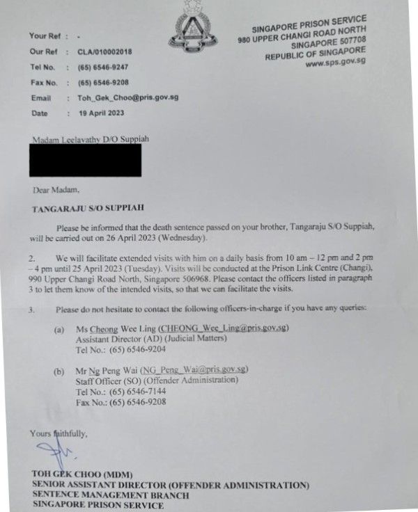 Tangaraju Suppiah's execution notice sent to Leelavathy