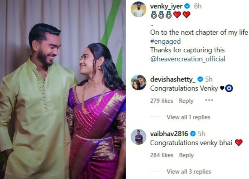 Venkatesh Iyer's Instagram post about getting engaged to Shruti Raghunathan