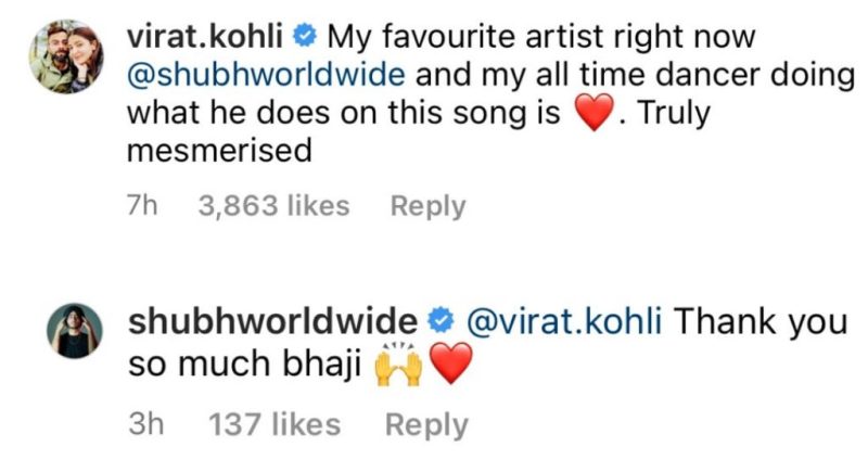 Virat Kohli appreciating Shubh and dancer Piyush Bhagat in an Instagram comment