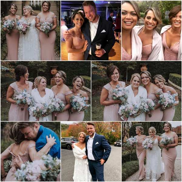 A collage of wedding pictures of Danni Eskrine and Denton Ansley