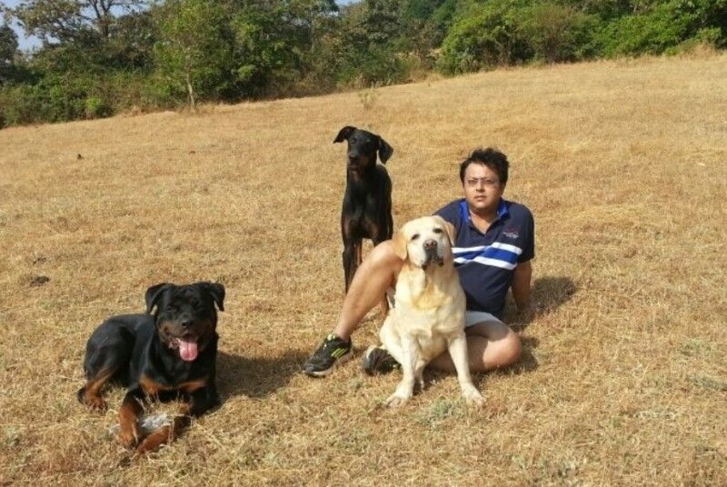 A photo of Nitesh Pandey with his dogs, Oscar, Boris, and Duke