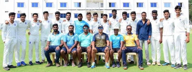 A photograph of Nitish Kumar Reddy (second row, fifth from right) with the VDCA academy players