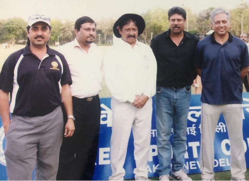 A photograph of Rajkumar Sharma (extreme left) with former Indian cricket players
