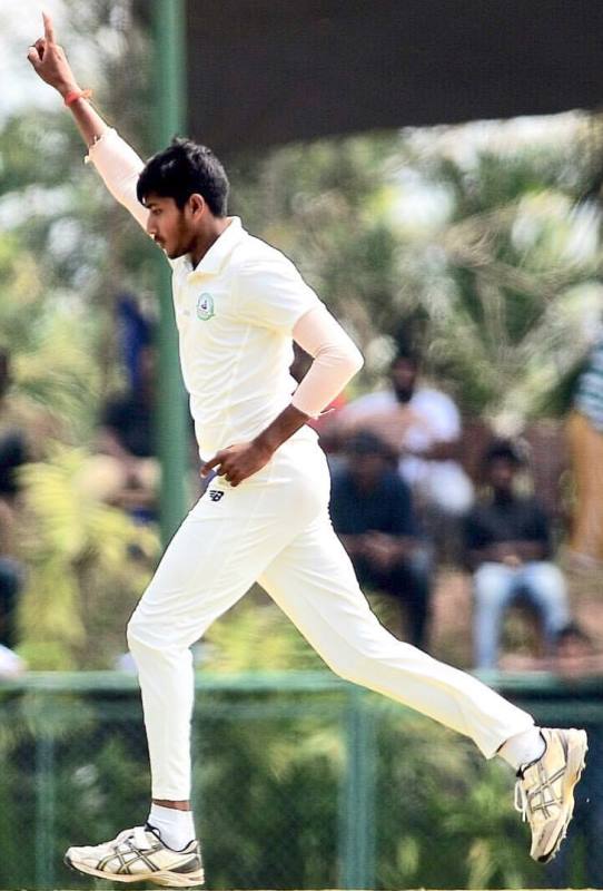 A photograph of Yash Thakur playing in the Ranji Trophy