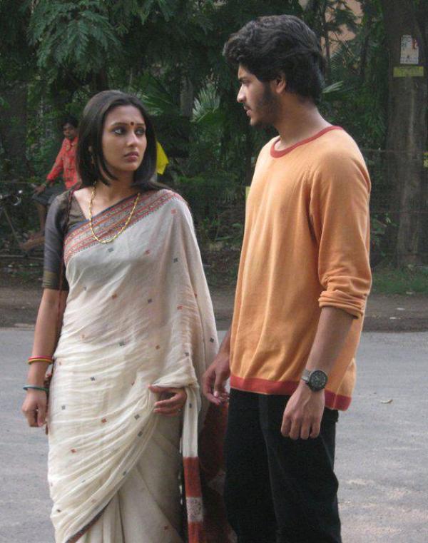 A scene of Arjun Chakrabarty (right) with Mimi Chakraborty in his debut TV show, Gaaner Oparey