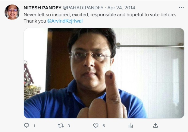 A tweet by Nitesh Pandey in support of Arvind Kejriwal
