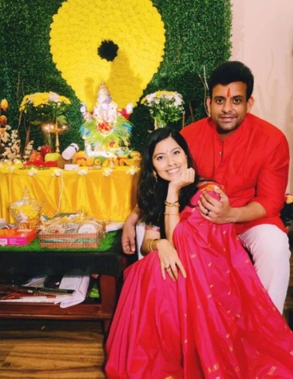 Abhidnya Bhave with her husband at Ganpati Puja