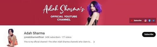 Adah Sharma's YouTube channel