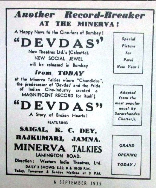 Advertisement of Devdas film released on 6 September 1935