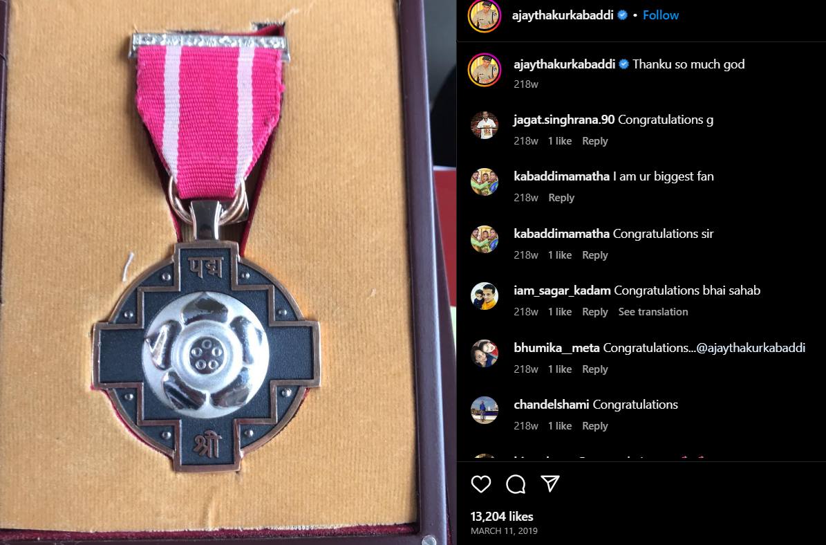 Ajay Thakur posted about winning Padma Shri Award in 2019