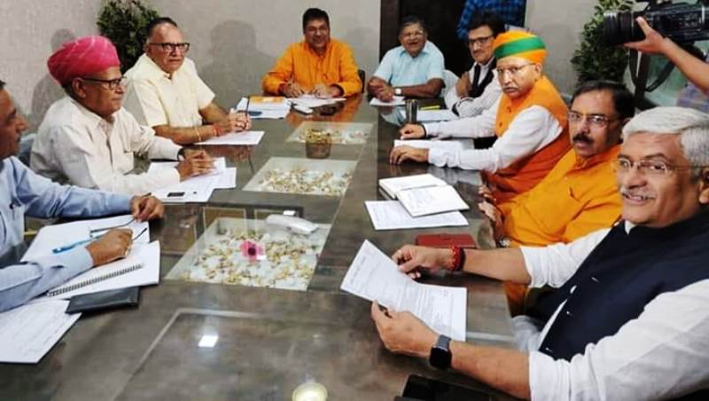 Arjun Ram Meghwal during a meeting at Bharatiya Janata Party State Office along with other BJP leaders