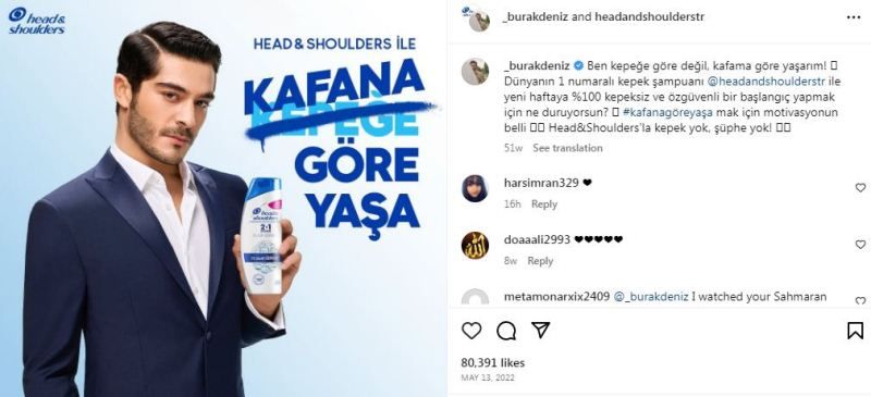 Burak Deniz endorsing Head & Shoulders shampoo on his Instagram account 