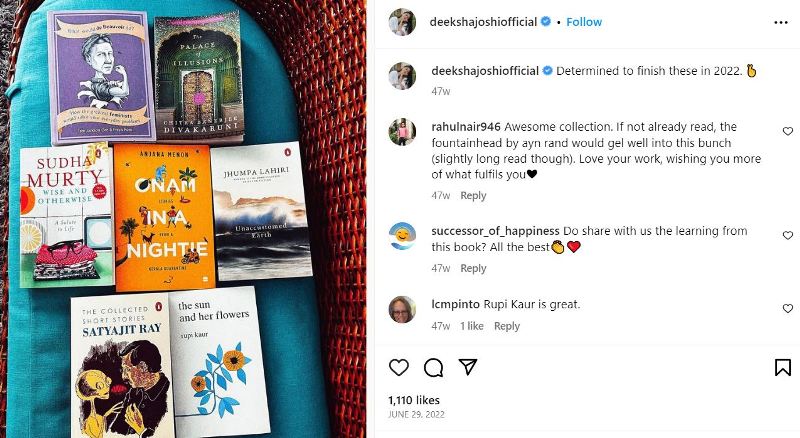 Deeksha Joshi's Instagram post about her book collection