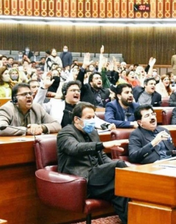 Fawad Chaudhry (extreme left) during a session of the Pakistan National Assembly