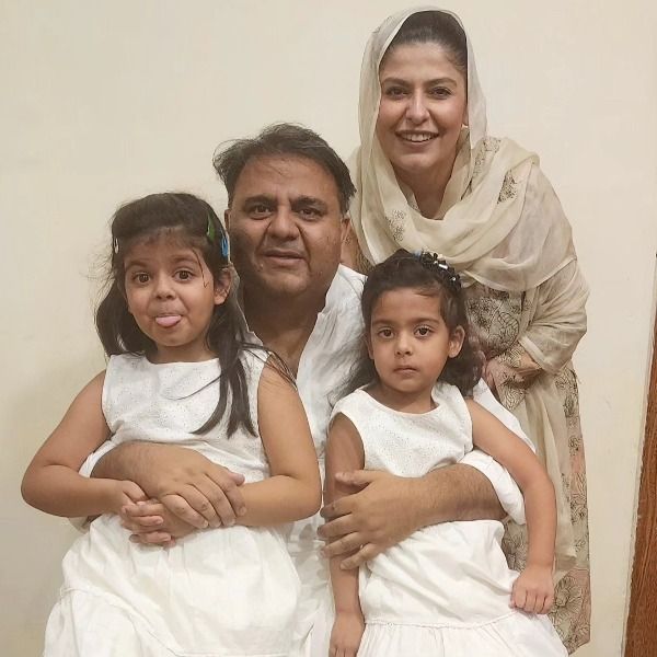 Fawad Chaudhry with his second wife, Hiba Khan, and two daughters
