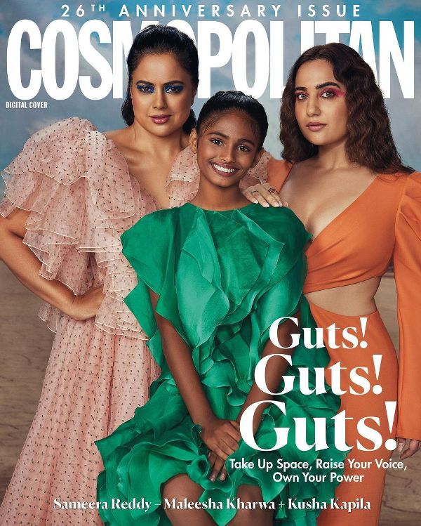 (From left to right); Sameera Reddy, Maleesha Kharwa, and Kusha Kapila featured in Cosmopolitan magazine in 2022