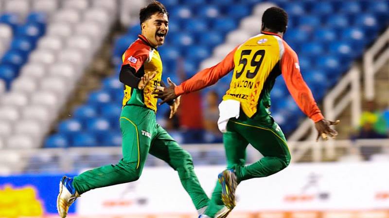 Guyana Amazon Warriors' Rashid Khan after claiming the first hat-trick in CPL history
