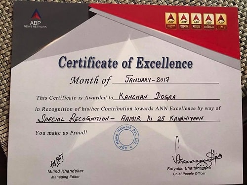 Kanchan Dogra Negi's Certificate of Excellence