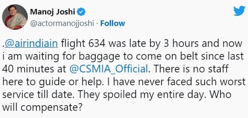 Manoj Joshi's tweet on Air India services