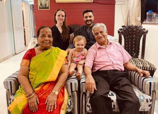 Manyuu Doshi with his father, Devendra Doshi, mother, Manorama Doshi, wife, Kathryn Vabone, and daughter, Rooh Kathryn Doshi