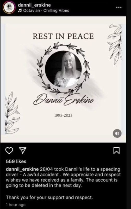 Message posted on Dannii Erskine's Instagram account by her family after her death