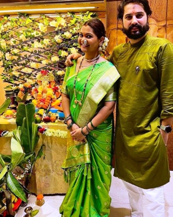 Namrata Sambherao with her husband during Ganesh Puja