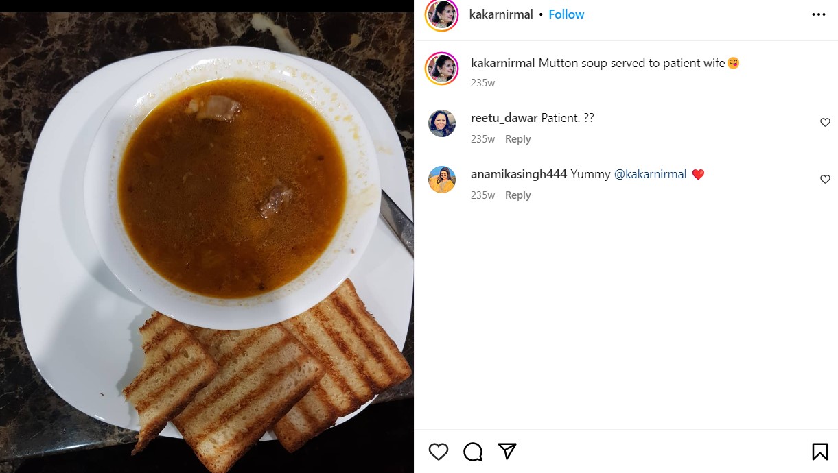 Nirmal Kakar's Instagram post about her eating habits