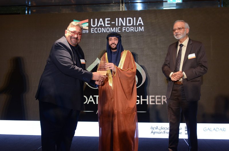 A photo of Rajiv Luthra taken while he was receiving the Qadat Al Tagheer Award in UAE in 2019