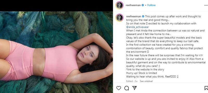 Reef Neeman endorsing Anda activewear on Instagram