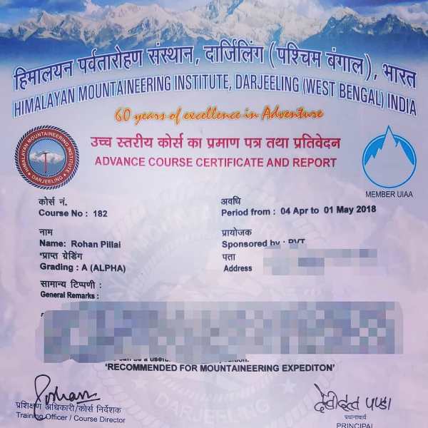 Rohan Pillai's Certificate of Mountaineering