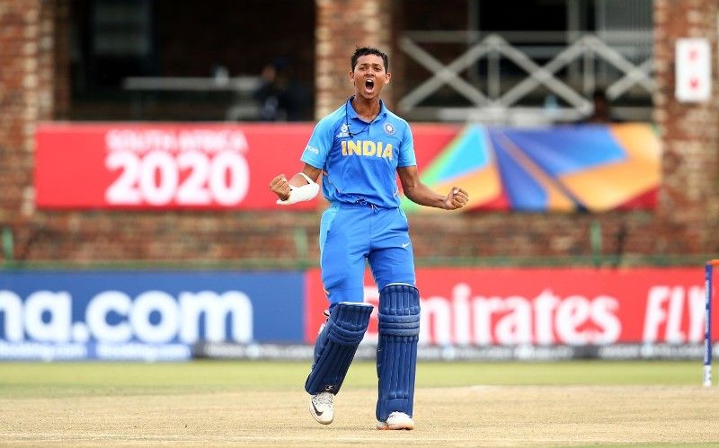 Yashasvi Jaiswal celebrating after scoring a century against Pakistan in the 2020 Under-19 World Cup held in South Africa