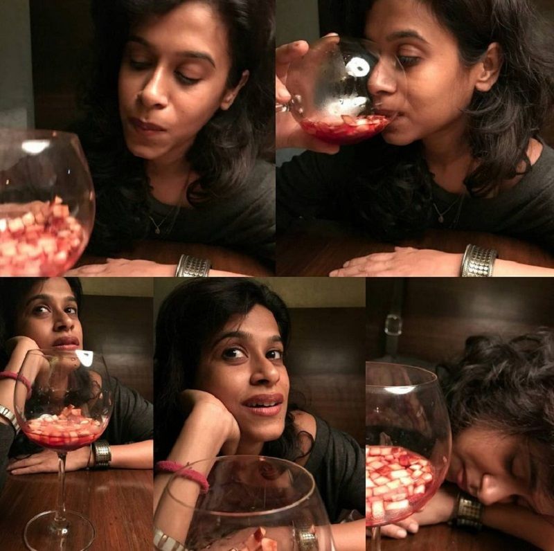 A collage of Adithi Kulkunte holding a glass of wine