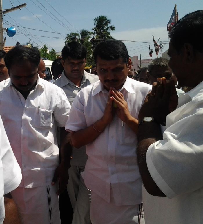 A photograph of V. Senthil Balaji during the legislative assembly election campaign