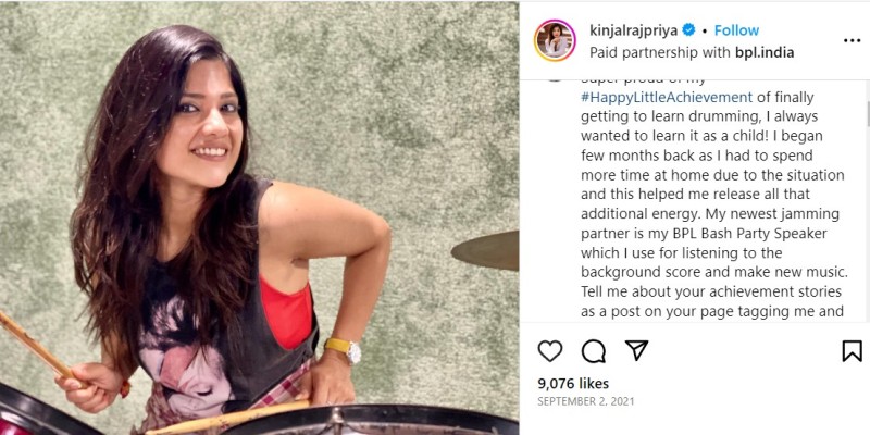 A post shared by Kinjal Rajpriya about her interest to play the drums on social media