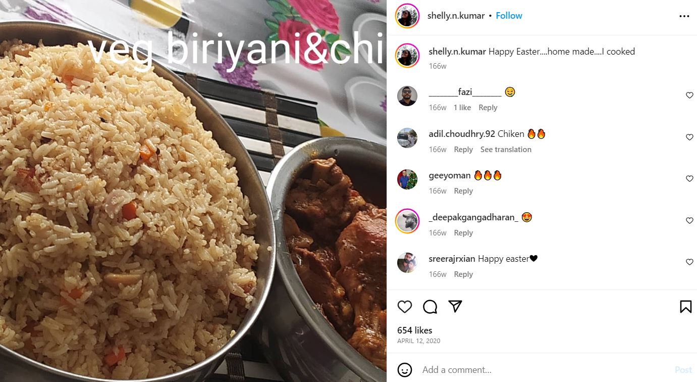 A snip of Shelly Kishore's Instagram post about her food habits