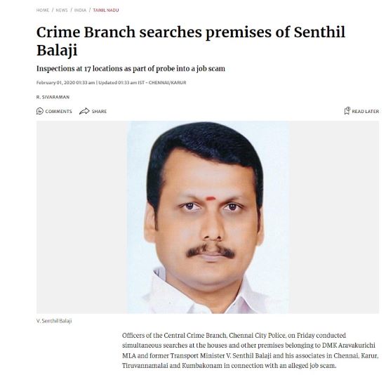 A snippet of an article about the raids at V. Senthil Balaji's properties